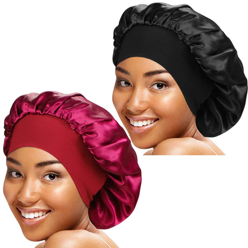 [Australia] - 2 Pieces Wide Band Satin Cap Sleep Bonnet Soft Night Sleep Hat for Women Black+Wine red 