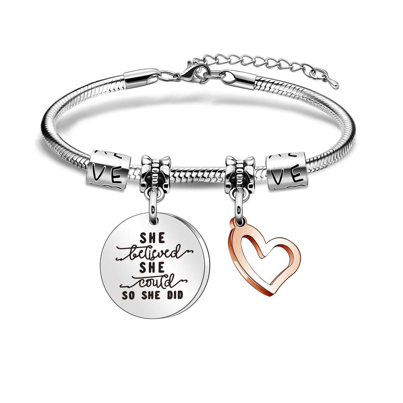 [Australia] - LUXYSODE - She Believed, She Could, So She Did Bracelet - Bracelet Engraved Inspirational Quote to Daughter, Niece, Sister, Women, Girls 