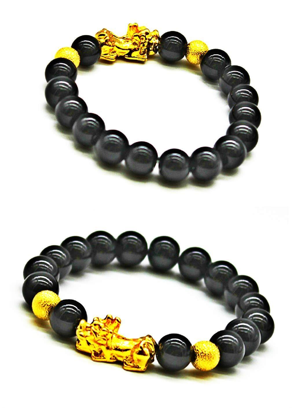 [Australia] - Pi Xiu Feng Shui Bracelet for men women, Black Obsidian Wealth Bracelet, Dragon Good Luck Bracelets 2 Pcs 2 Gold Beads Single Pixiu Bracelet 