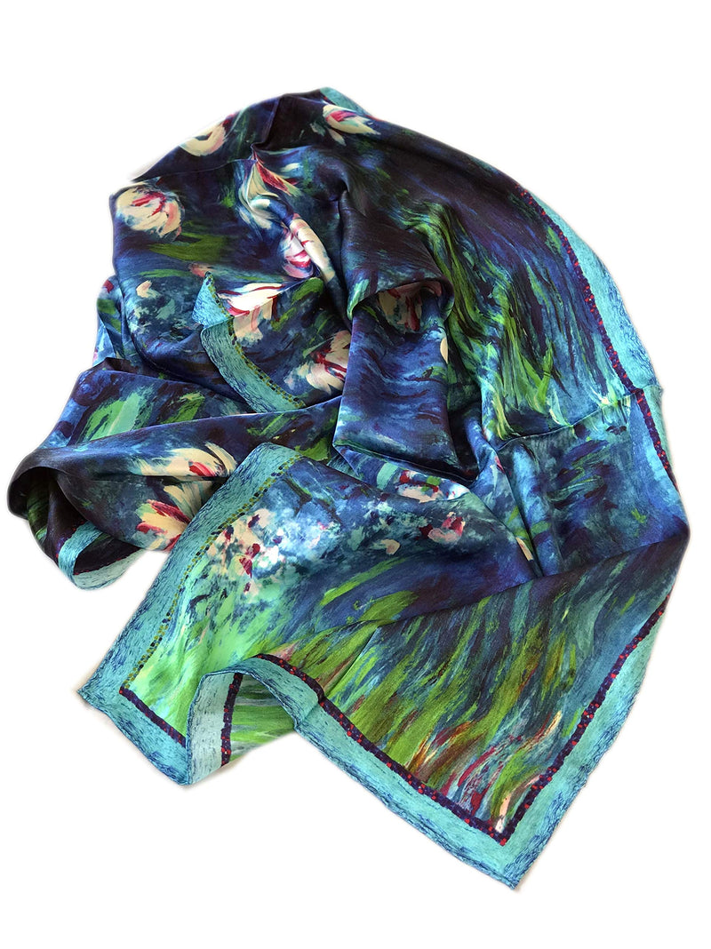[Australia] - Prettystern Art painting 63 Inch long hand-rolled silk scarf - van Gogh Monet 63" X 16.9" P551 - Water Lilies, Nympheas 