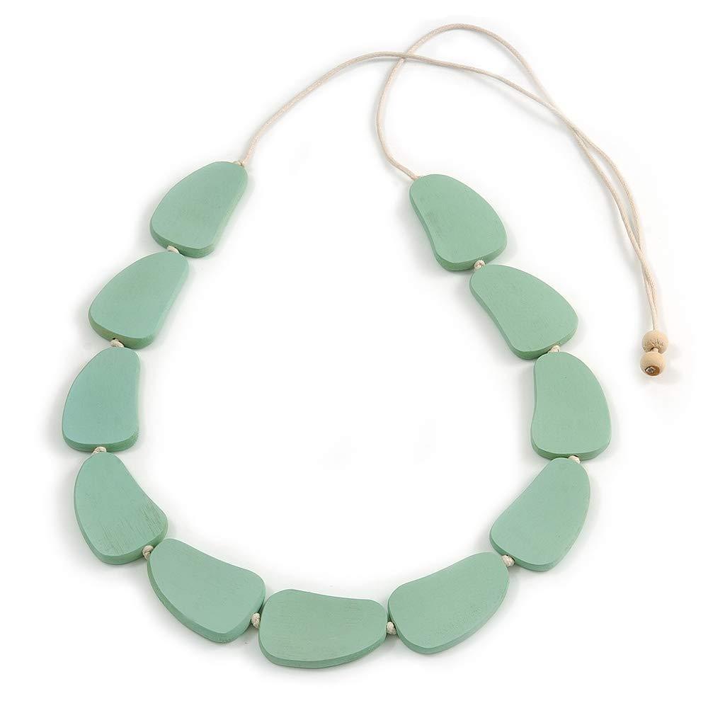 [Australia] - Avalaya Pastel Mint Geometric Wood Bead White Cotton Cord Long Necklace - 100cm L/Adjustable 