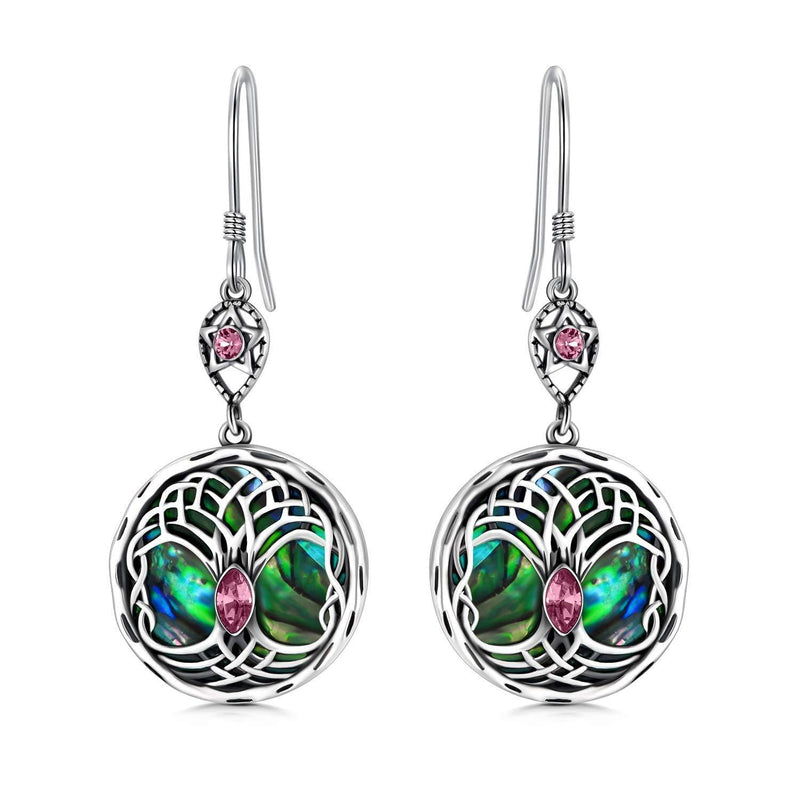[Australia] - Celtic Tree of Life Earrings Sterling Silver Family Tree Dangle Drop Earrings with Birthstone Crystals, Birthday Jewellery Gifts for Women Her Pink 