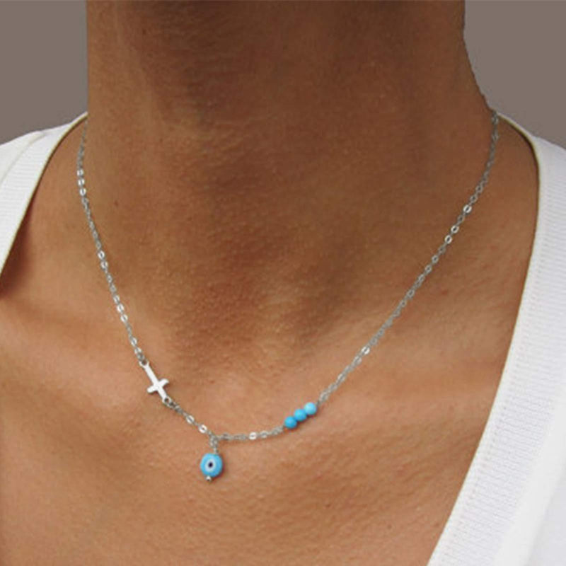 [Australia] - Yienate Fashion Cross Necklace Evil Eye Pendant Cross Clavicle Chain Green Crystal Necklace Jewelry Accessories for Women and Girls (Silver) Silver 