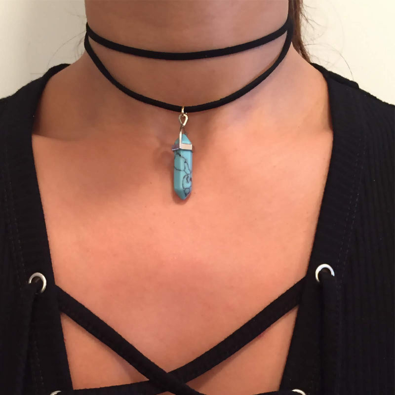 [Australia] - Yienate Boho Layered Necklace Vintage Leather Choker Healing Crystal Hexagon Turquoise Pendant Necklace Jewelry Accessories for Women and Girls (Green) Green 