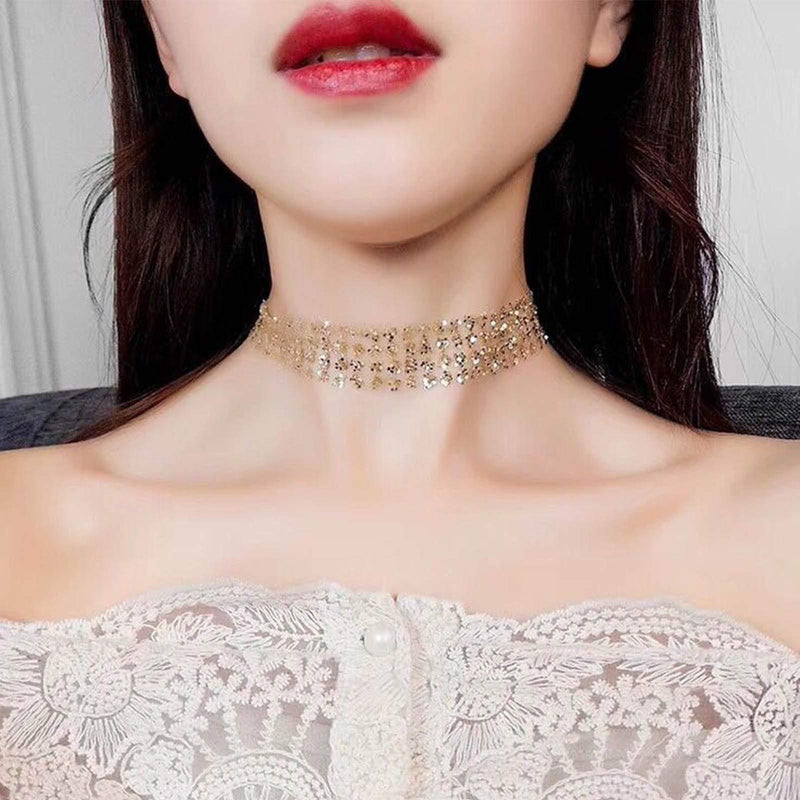 [Australia] - Yienate Sexy Lace Choker Sparkly Necklace Clavicle Chain with Sequin Necklace BlingBling Fashion Jewelry Accessories for Women and Girls (Gold) Gold 