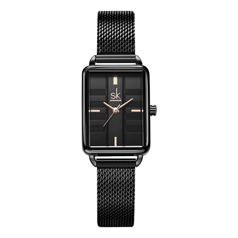 [Australia] - SHENGKE Female Watch Rectangle Case Quartz Watch with Stainless Steel Milanese Mesh Band Business Casual Class Dress Watch K0147-black 