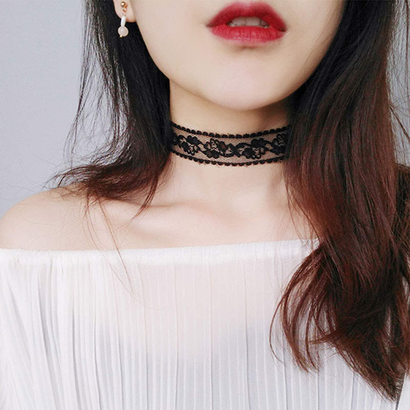 [Australia] - TseenYi Tattoo Choker Necklace Flower Lace Necklace Chain Hollow Lace Elastic Clavicle Chain Necklaces Gothic Jewelry for women and Girls (Black) Black 