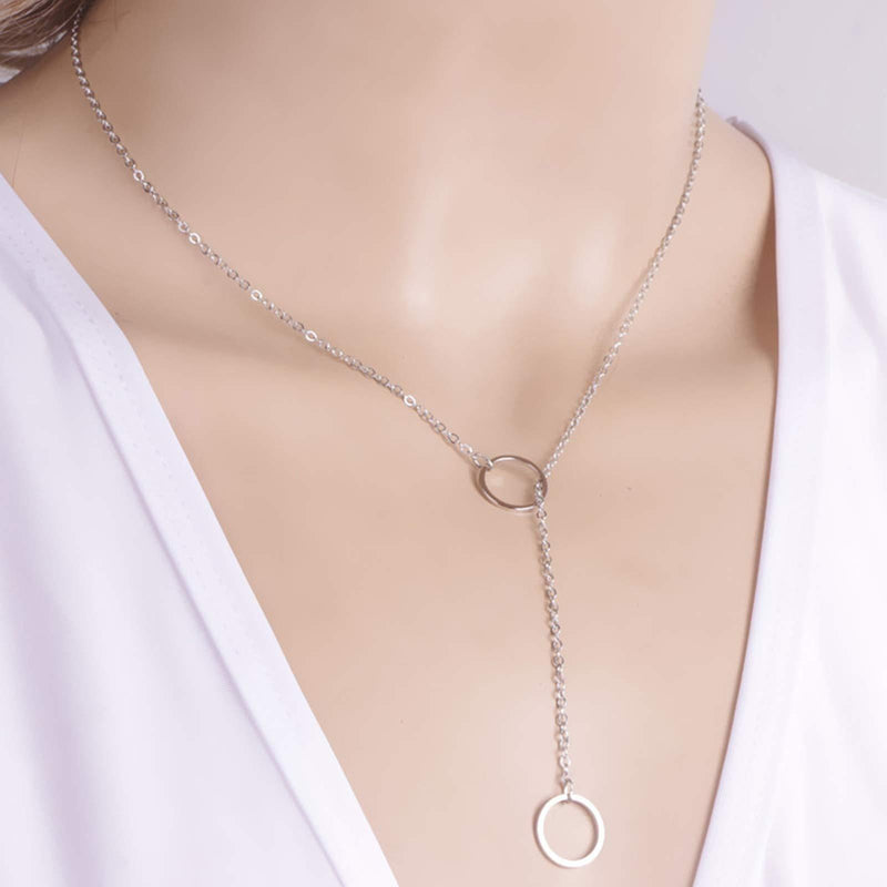 [Australia] - TseenYi Circle Y Drop Chain Necklace Silver Round Karma Pendant Necklace Short Minimalist Lariat Necklaces Choker Jewelry for Women and Girls (Silver) 