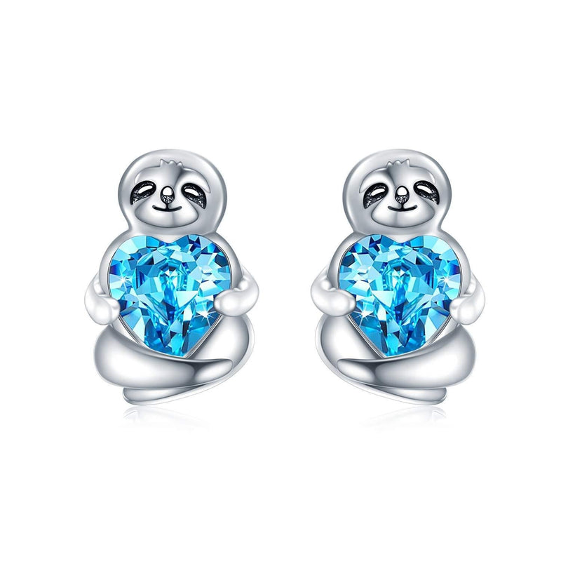 [Australia] - Sterling Silver Sloth Stud Earrings with Heart Crystals, Birthday Sloth Gifts for Women Girls Her Blue 