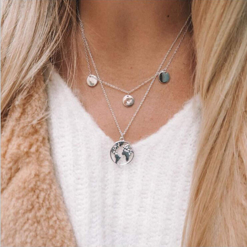 [Australia] - TseenYi Map Pendant Necklace Chain Layering Silver Coin Disc Chain Necklaces Layered Boho Choker Necklace Jewelry for Women and Girls (Silver) 