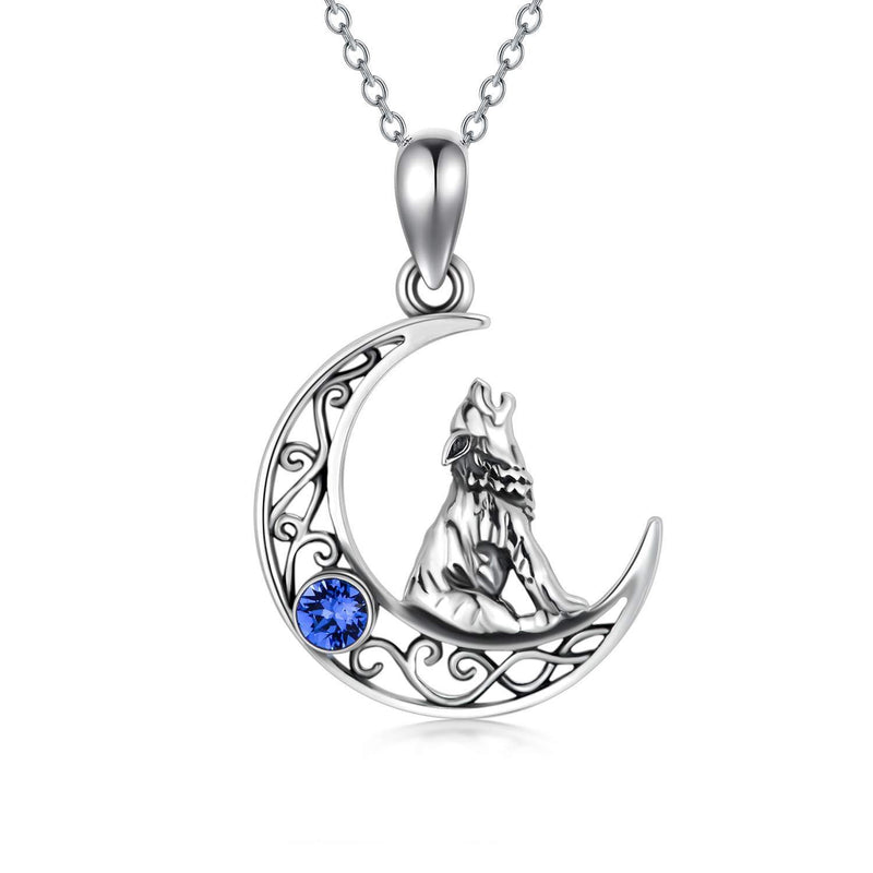 [Australia] - Sterling Silver Celtic Moon Wolf Pendant Necklace with Birthstone Crystals, Birthday Jewellery Gifts for Women Her Simulated Sapphire 