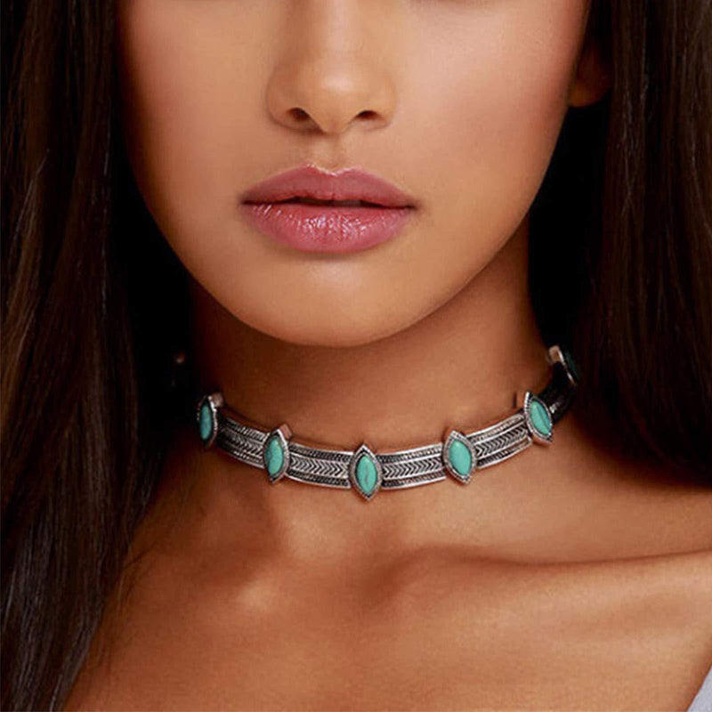 [Australia] - Yienate Vintage Turquoise Necklace Metal Punk Style Rhinestone Choker Personalized Necklace Jewelry Accessories for Women and Girls 