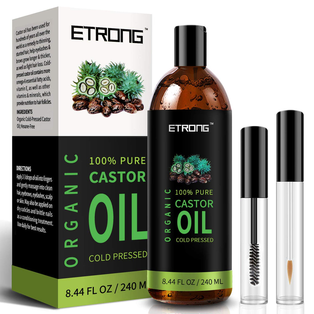 [Australia] - Organic Castor Oil,Cold Pressed Pure Castor Oil for Hair,Eyelashs,Eyebrows,Skin,Hair Growth and Face with 1 Set of Eyebrow&Eyeliner Brushes (240ml) 240ml 