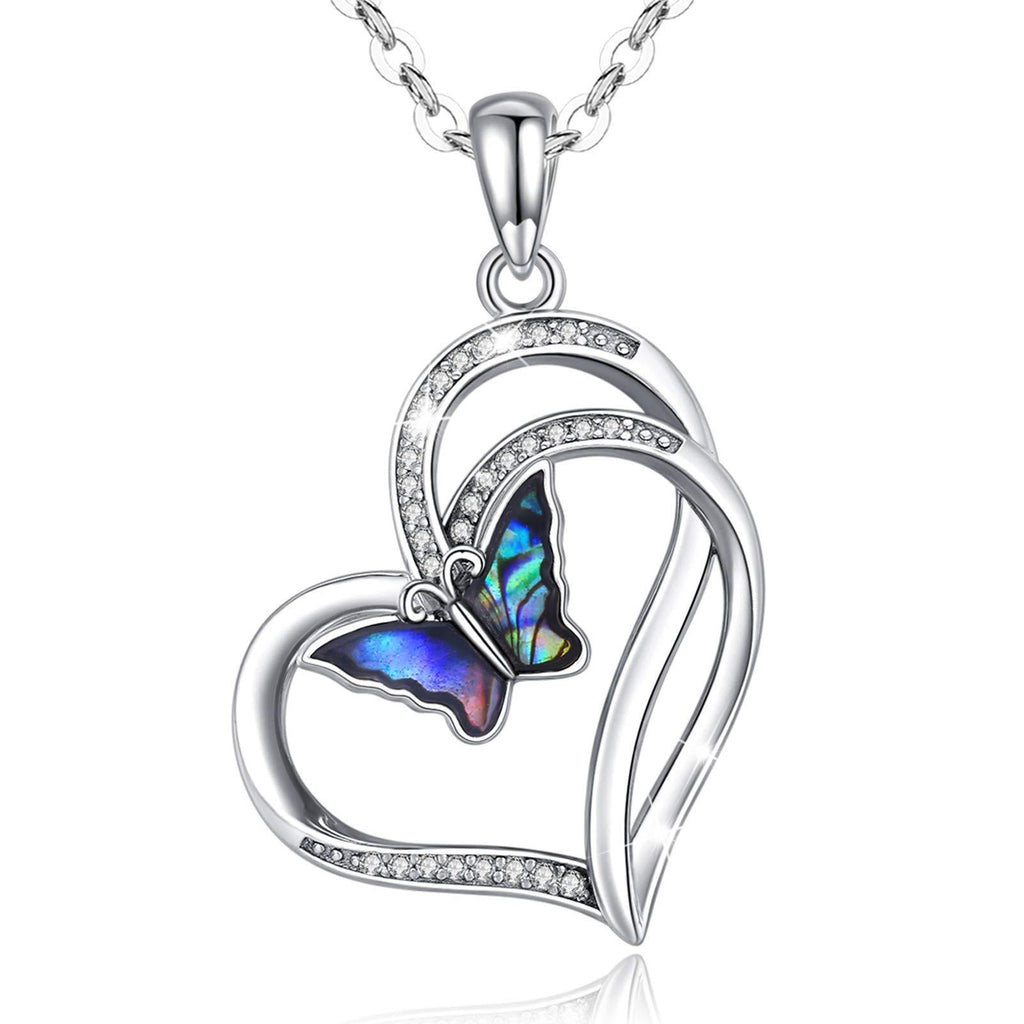 [Australia] - AEONSLOVE 925 Sterling Silver Butterfly Necklace Heart Pendant with Cubic Zirconia Butterfly Jewelry Gifts for Women Girls Girlfriend, 18 Inches Butterly Necklace with Abalone Shell 