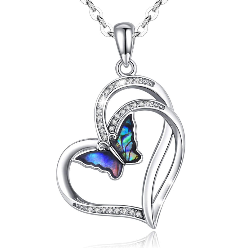 [Australia] - AEONSLOVE 925 Sterling Silver Butterfly Necklace Heart Pendant with Cubic Zirconia Butterfly Jewelry Gifts for Women Girls Girlfriend, 18 Inches Butterly Necklace with Abalone Shell 