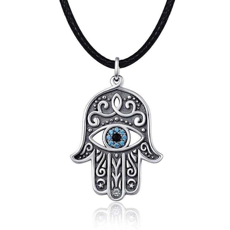 [Australia] - Hand Of Fatima Necklace Evil Eye Fatima Pendant Amulet Jewelry With Black Leather 50cm for Women Men … A 