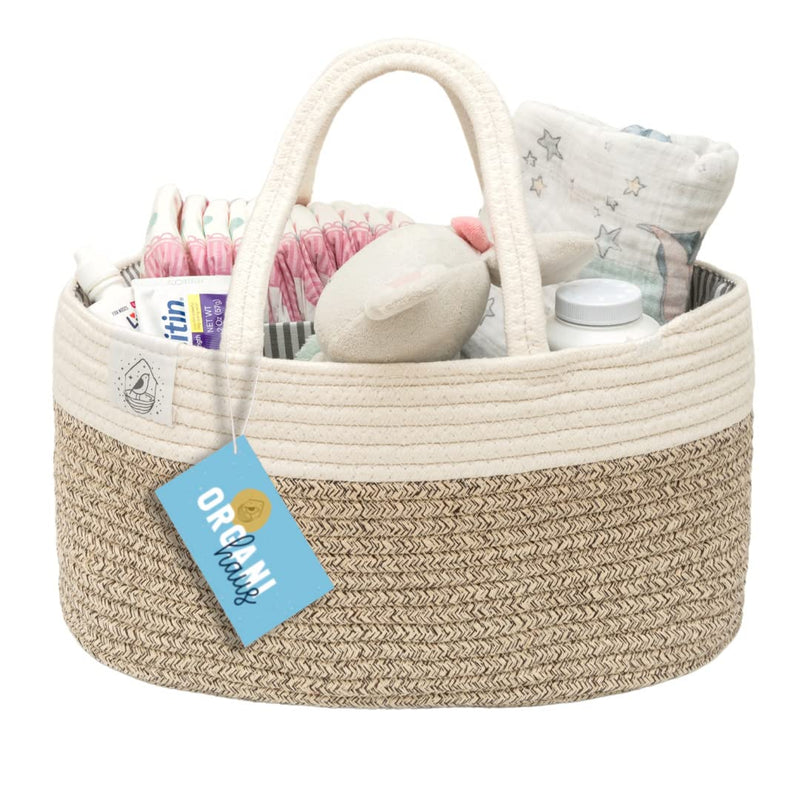 [Australia] - OrganiHaus Brown Baby Nappy Caddy Organiser | Baby Caddy for Newborn Nappies | Diaper Caddy for Baby Toiletries & Diapers | Baby Changing Basket & Nappy Organiser | Changing Caddy & Storage Organiser Brown/White 