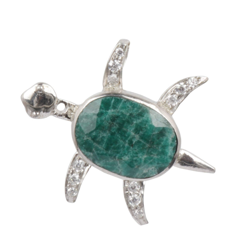 [Australia] - GEMHUB 28.00 Ct. Natural Oval Cut Green Emerald & White Accent Loose Gemstone 925 Sterling Silver Turtle Pendant Without Chain 