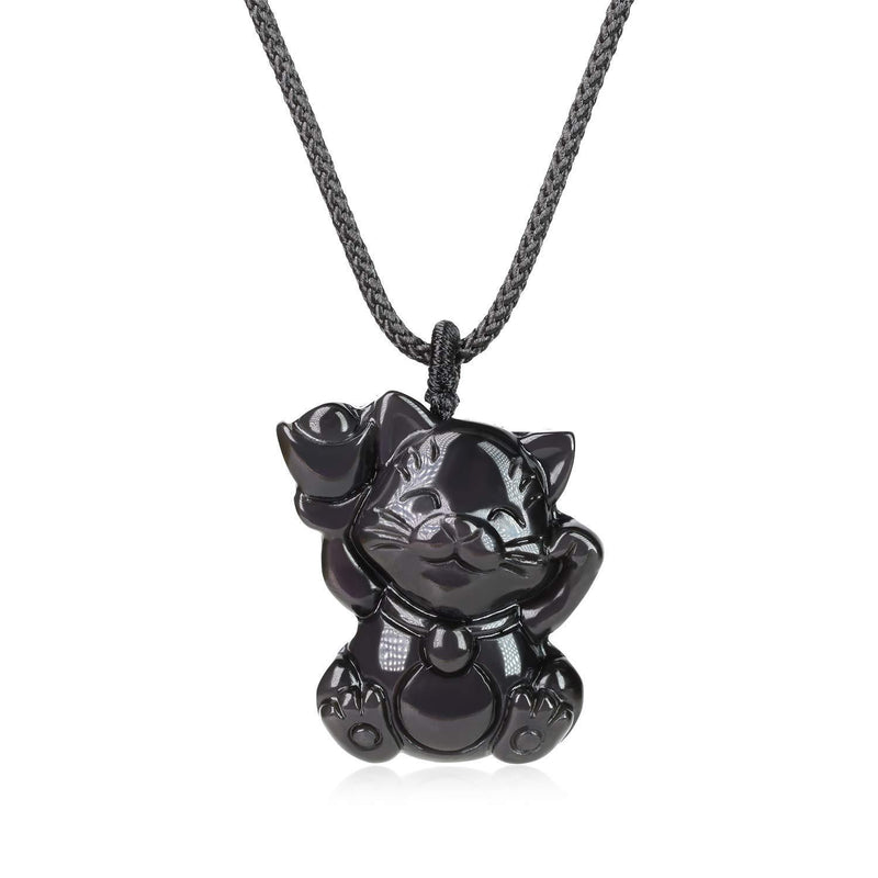 [Australia] - coai Lucky Cat Obsidian Stone Pendant Necklace Black Obsidian 
