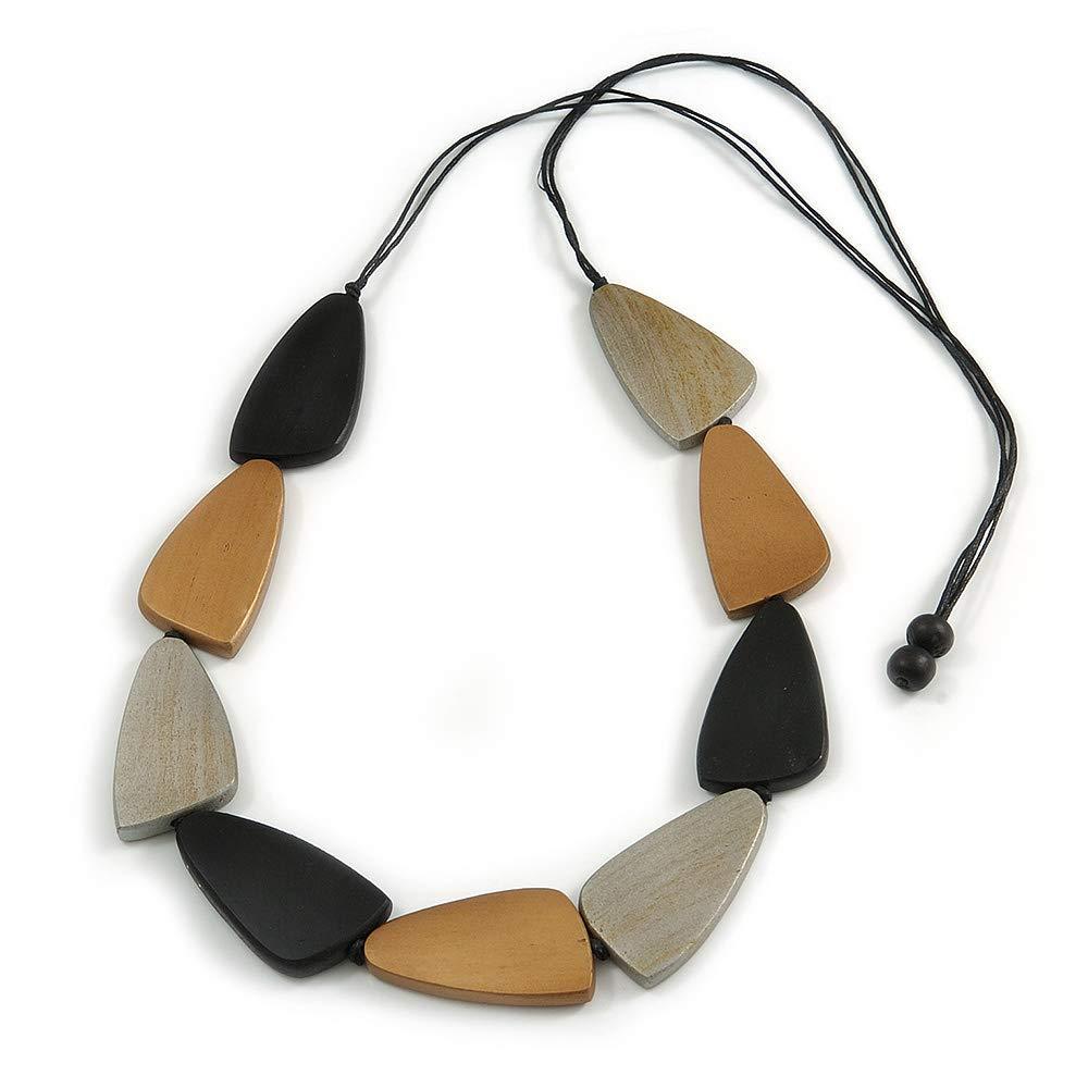 [Australia] - Avalaya Bronze/Silver/Black Geometric Wood Bead White Cotton Cord Long Necklace - 100cm L/Adjustable 