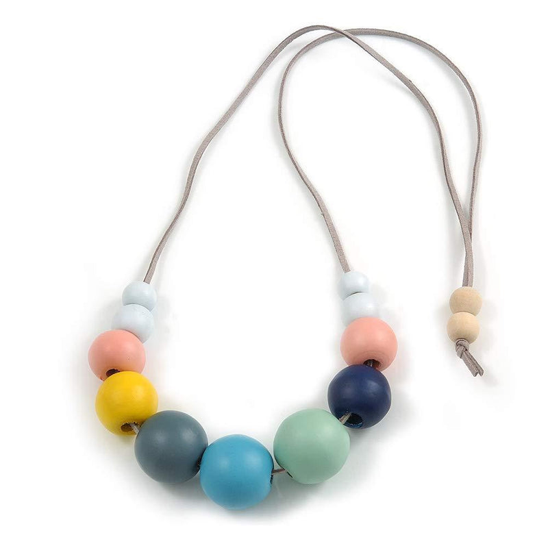 [Australia] - Avalaya Multicoloured Graduated Wood Bead Grey Suede Cord Necklace - 80cm L - Adjustable 