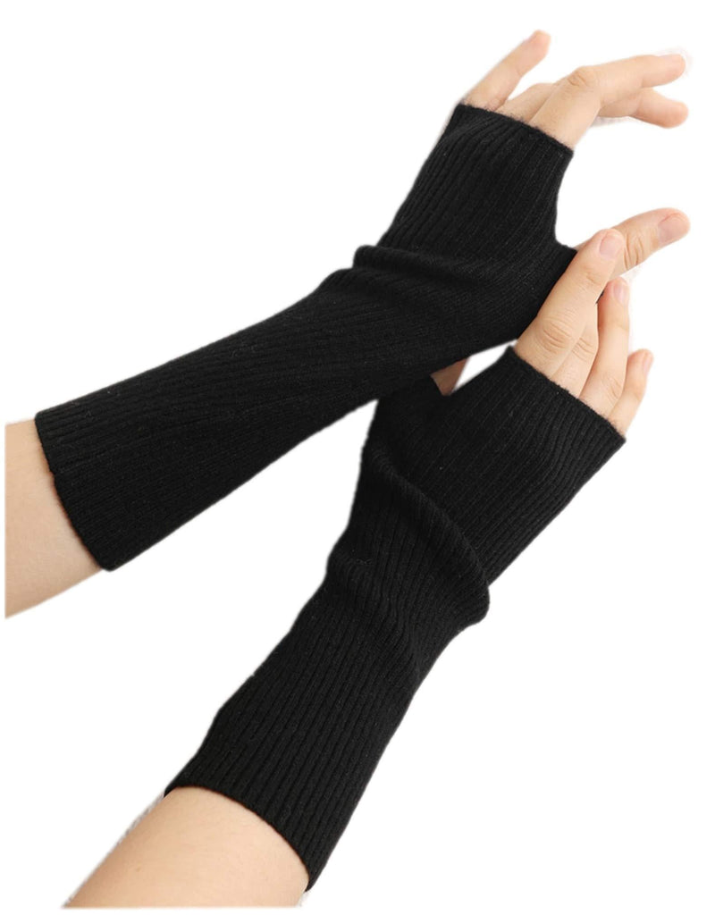 [Australia] - Prettystern mid-length Woman cashmere wrist warmers arm cuff fingerless rib knit gloves length ca. 11.0" Black 