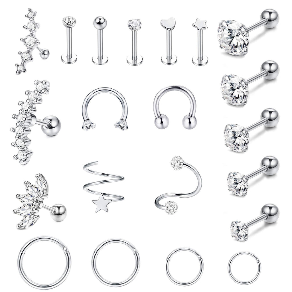 [Australia] - Milacolato 21Pcs Stainless Steel Piercing Earrings Cartilage Ear Clicker Hoops for Women Girls Tragus Helix Conch Piercing Studs Nose Lip Clicker Ring CZ Barbell Stud Piercings Jewellery 16G Sliver Tone 