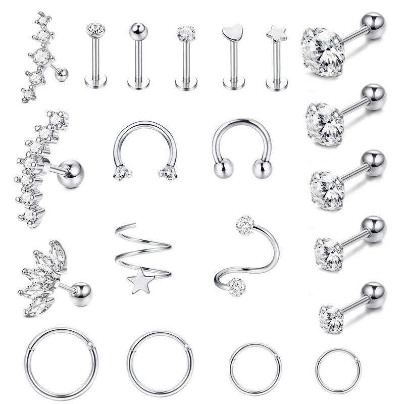 [Australia] - Milacolato 21Pcs Stainless Steel Piercing Earrings Cartilage Ear Clicker Hoops for Women Girls Tragus Helix Conch Piercing Studs Nose Lip Clicker Ring CZ Barbell Stud Piercings Jewellery 16G Sliver Tone 