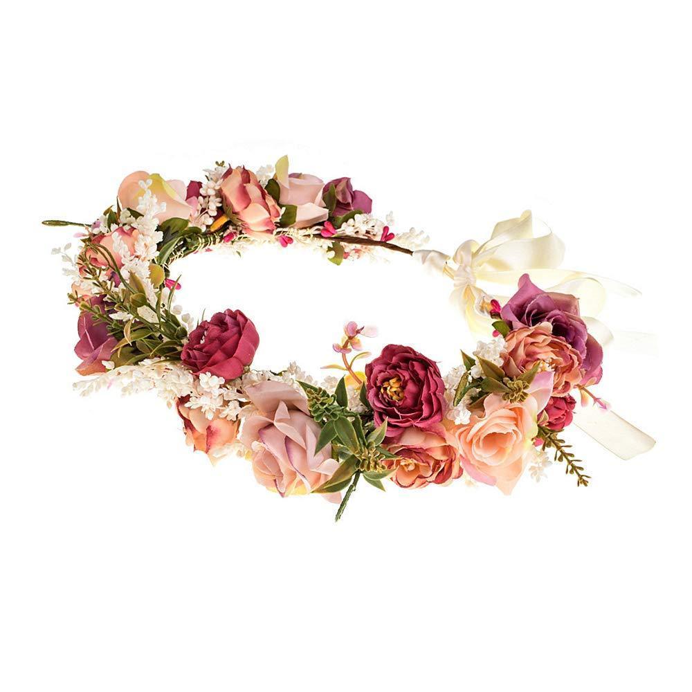 [Australia] - Adjustable Floral Crown Headband Boho Hair Band Wreath Headpiece with Ribbon for Women Girls 