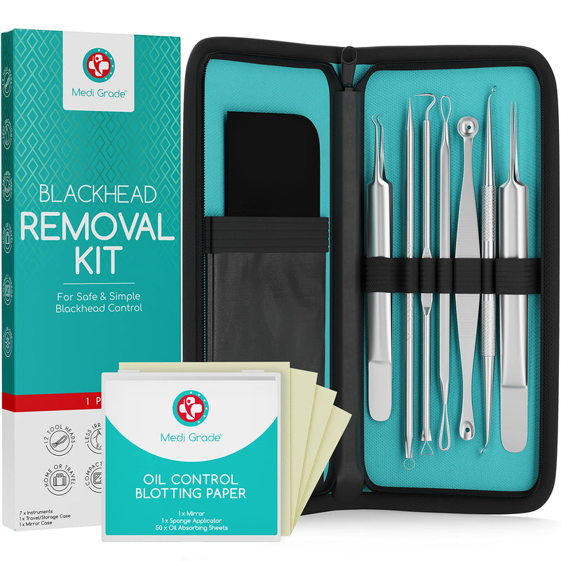 [Australia] - Blackhead Remover Tool with Oil Absorbing Blotting Paper [50 Sheets] - Stainless Steel Pimple Popper, Black Head Remove Kit Including Spot Popper, Whitehead Remover & Comedone Extractor 