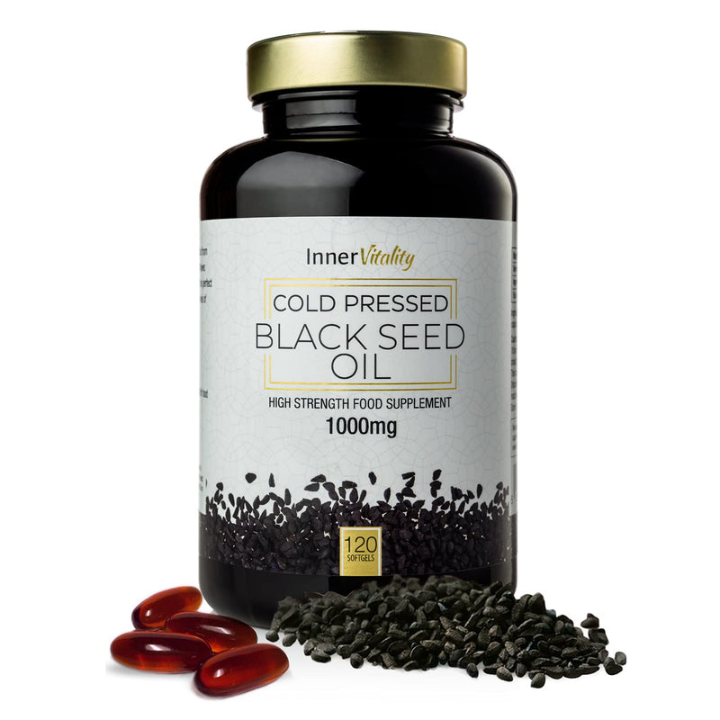 [Australia] - Black Seed Oil 120 Double Strength Capsules - Premium Cold Pressed Virgin Oil, High Strength Thymoquenine 3X% | 1000mg Softgels with Zero Additives (Non-GMO) Made in UK by Inner Vitality 