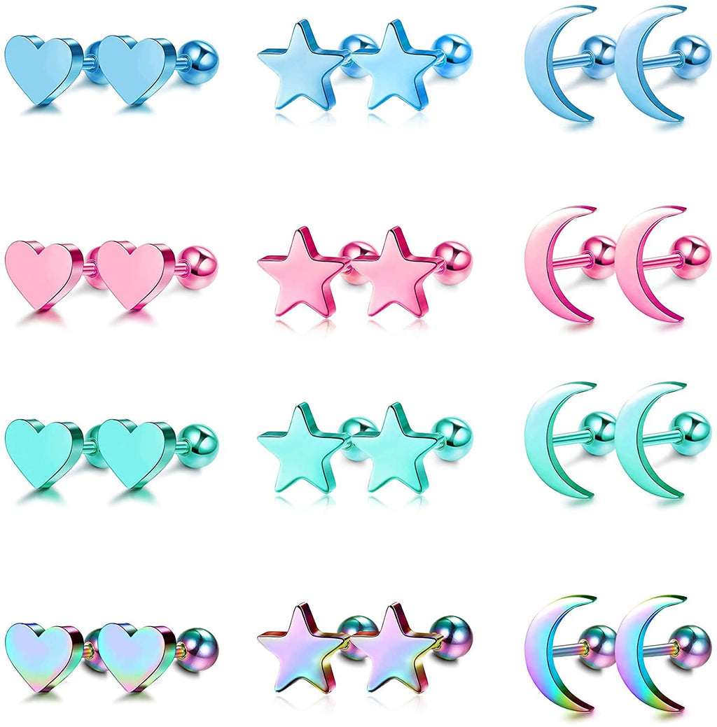 [Australia] - Milacolato12Pairs 18G Surgical Steel Heart Moon Star Screw Back Stud Earrings for Women Men Barbell Piercing Jewelry Cartilage Helix Tragus Ear Piercing Blue Pink Green Rainbow 