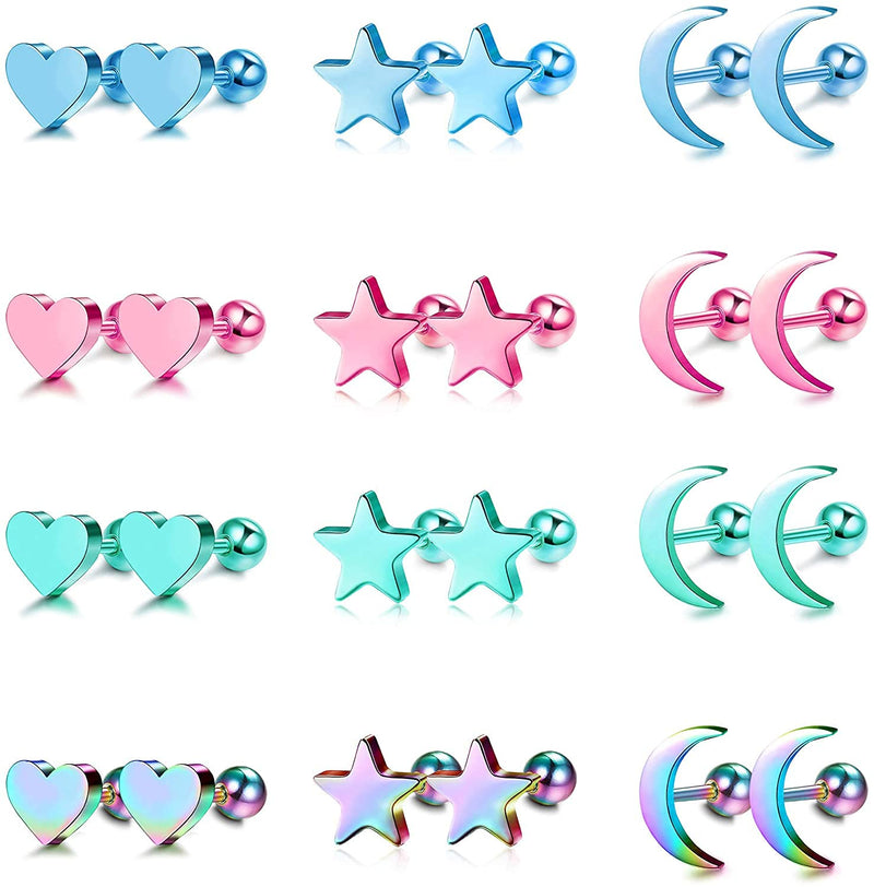 [Australia] - Milacolato12Pairs 18G Surgical Steel Heart Moon Star Screw Back Stud Earrings for Women Men Barbell Piercing Jewelry Cartilage Helix Tragus Ear Piercing Blue Pink Green Rainbow 