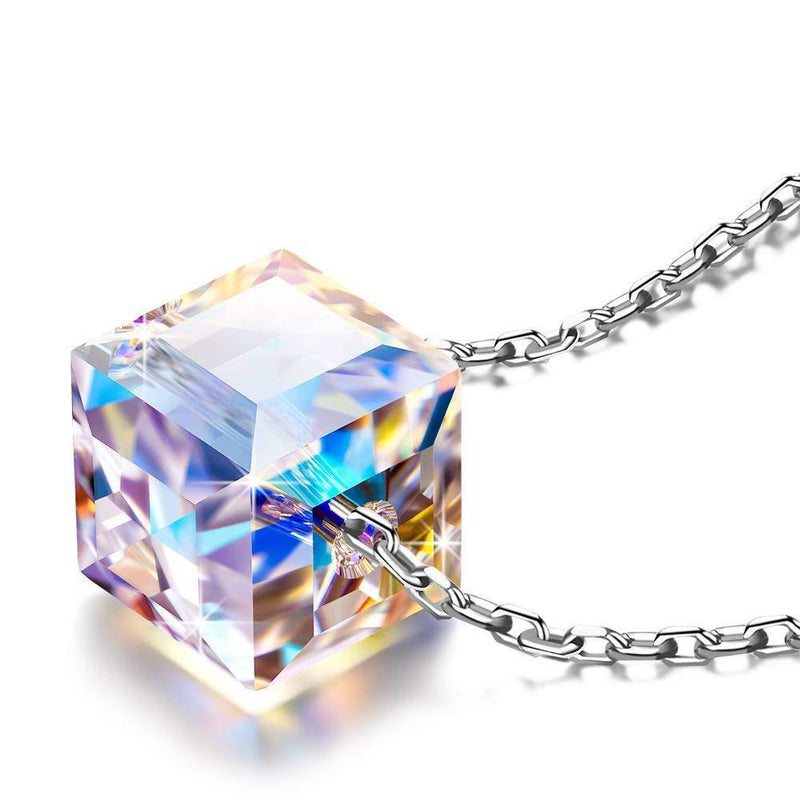 [Australia] - 925 Sterling Silver Womens Pendant Necklace with Cubic Candy Aurora Borealis Crystal from Swarovski, Adjustable Chain 45cm, Jewellery Gift for Wife Mum Sister Girls Friends 