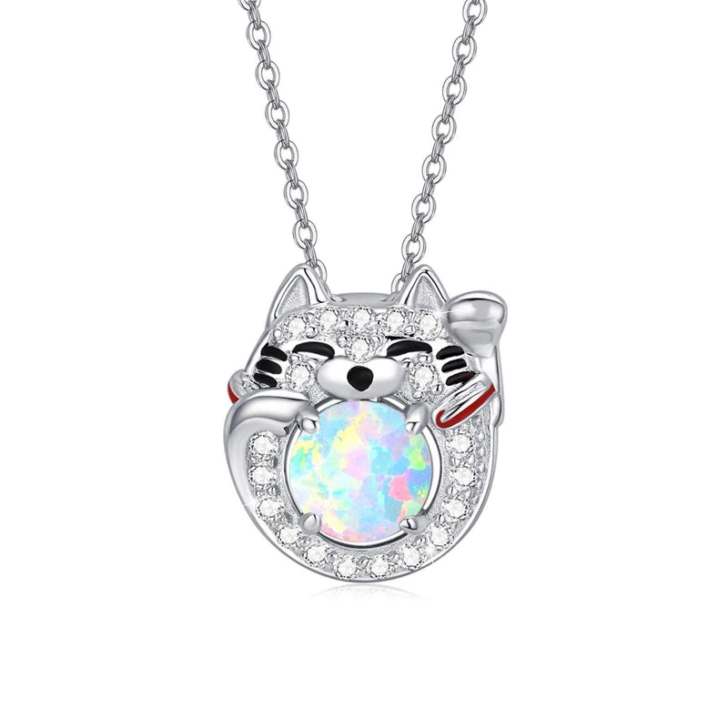 [Australia] - Lucky Cat Necklace 925 Sterling Silver Opal Cat Pendant Cute Animal Necklace Love Cat Fashion Jewellery Gifts for Women Girls 