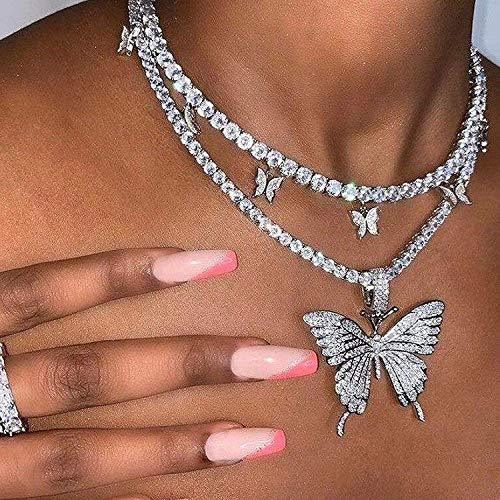 [Australia] - Unicra Layered Butterfly Necklace Tassel Silver Crystal Choker Chain Pendant Necklaces Jewelry Accessories for Women and Girls 