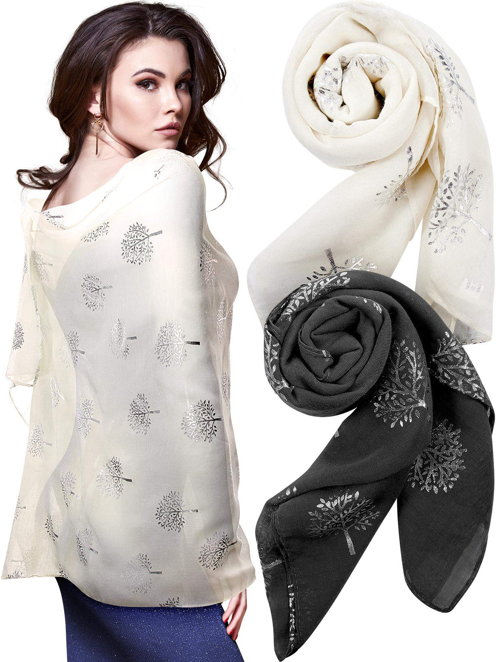 [Australia] - 2 Pieces Tree Print Scarf Silver Foil Tree Print Wrap Shawl Lightweight Long Scarf for Christmas New Year Valentine's Day Women Ladies, Grey, Beige 