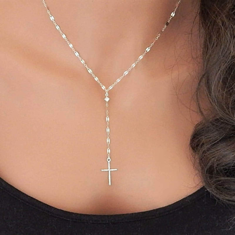 [Australia] - Yienate Vintage Cross Y Necklace Chain Dainty Lasso Cross Pendant Charm Minimalist Necklace Jewelry for Women and Girls (Silver) Silver 
