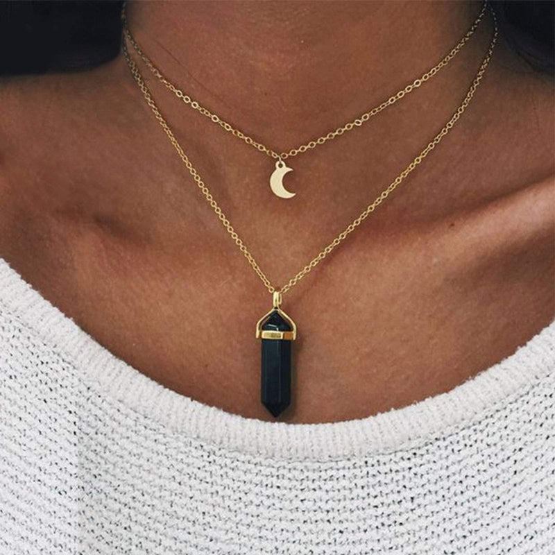 [Australia] - Yienate Fashion Healing Gemstone Crystal Necklace Reiki Chakra Multilayer Gold Moon Choker Hexagonal Column Black Quartz Crystal Pendant Necklace Chain Jewelry for Women and Girls 