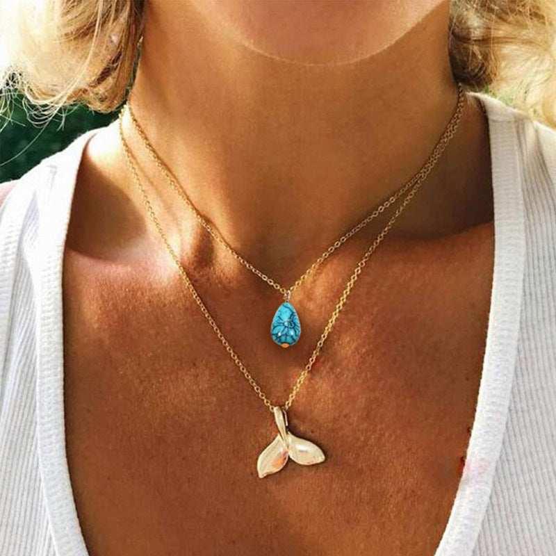 [Australia] - Yienate Fashion Blue Turquoise Necklace Multilayer Gold Chain Water Drop Turquoise Alloy Fishtail Pendant Dainty Beach Necklace Jewelry for Women and Girls 