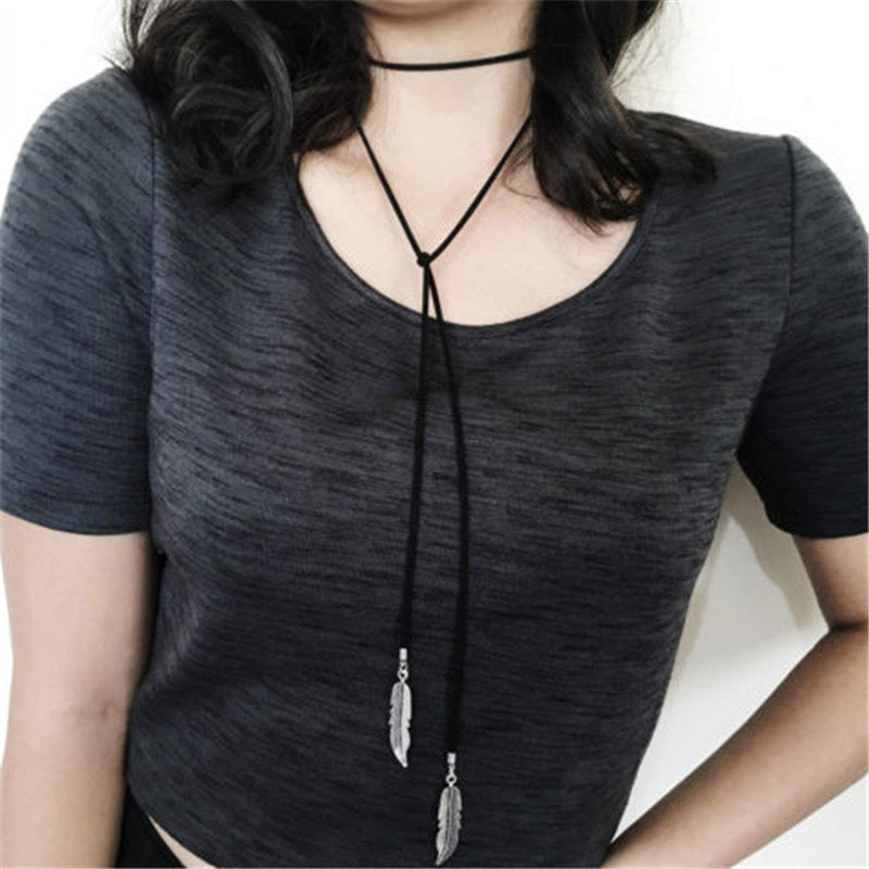 [Australia] - Yienate Boho Black Velvet Necklace Long Chain Velvet Choker Feather Pendant Dainty Sweater Chain Necklace Jewelry for Women and Girls (Silver) Silver 