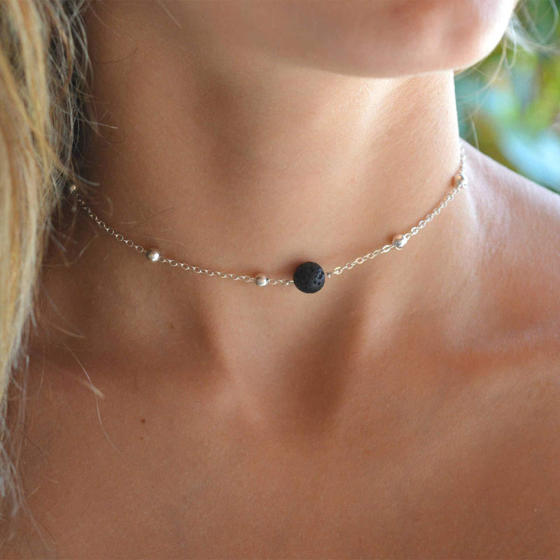 [Australia] - Yienate Dainty Lava Stone Necklace Silver Chain Retro Volcanic Stone Ball Pendant Bead Clavicle Chain Necklace Jewelry for Women and Girls 