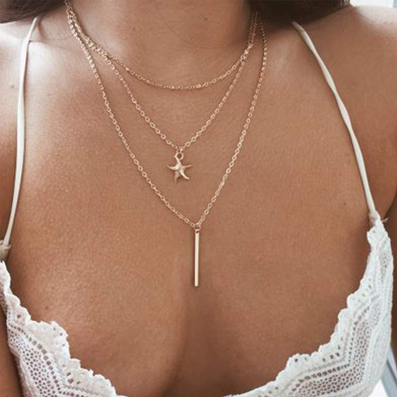 [Australia] - Yienate Bohemian Layered Necklace Choker Gold Chain Multilayer Fashion Starfish Drop Bar Pendant Exquisite Necklace Jewelry for Women and Girls 