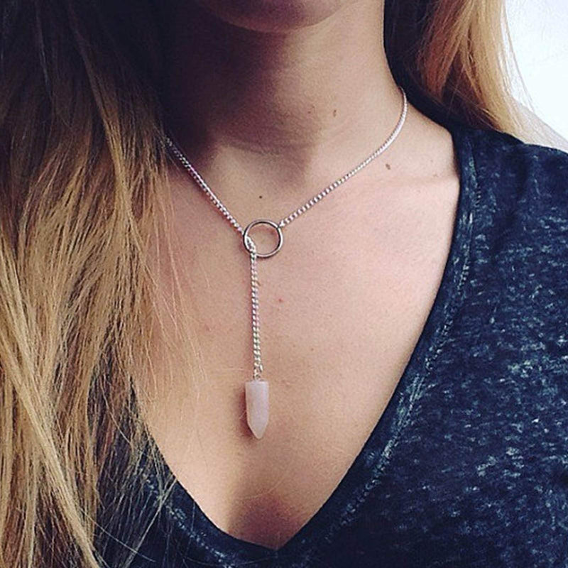 [Australia] - TseenYi Crystal Stone Lariat Necklace Choker Hexagonal Gemstone Pendant Necklace Boho Silver Y Drop Necklaces Jewelry for Women and Girls 