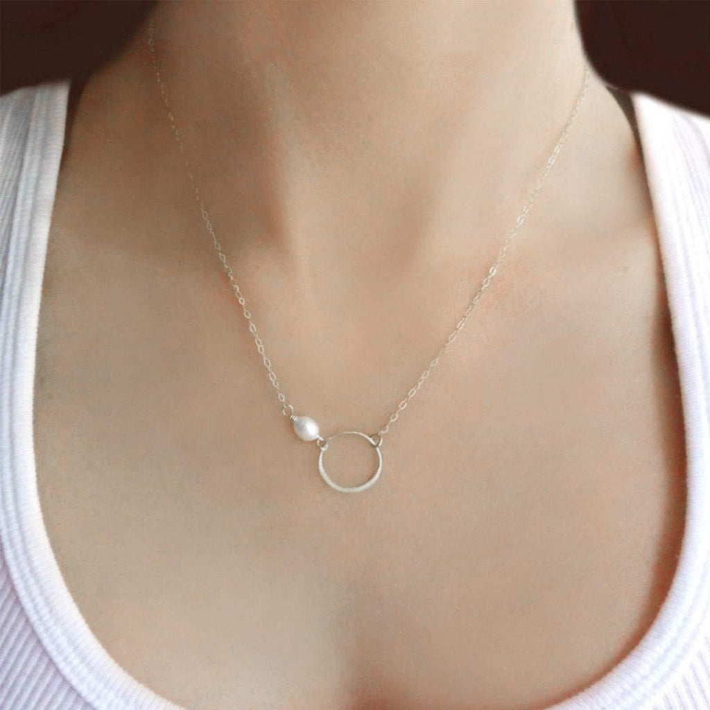 [Australia] - TseenYi Circle Pearl Necklace Choker Tiny Pearl Pendant Necklace Short Silver Karma Clavicle Necklaces Jewelry for Women and Girls (Silver) 