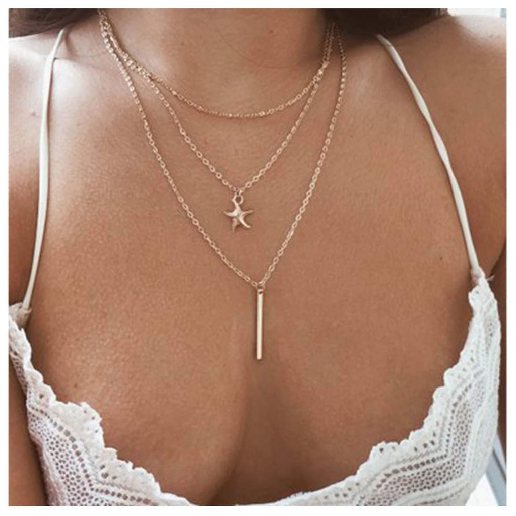 [Australia] - TseenYi Vertical Bar Pendant Necklace Gold Boho Layered starfish Chain Necklace Multi Layer Choker Necklaces Jewelry for women and Girls 