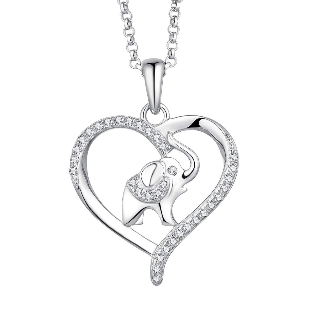 [Australia] - JO WISDOM Women Elephant in Heart Necklace,925 Sterling Silver Lucky Animal Amulet Pendant Necklace with 3A Cubic Zirconia with White Gold Plated 