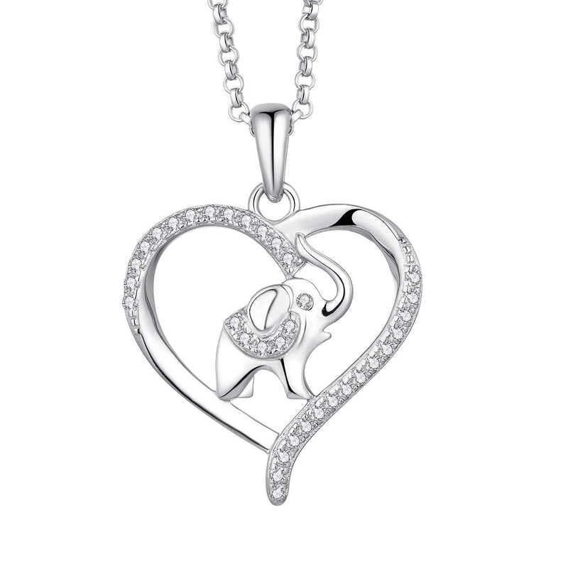 [Australia] - JO WISDOM Women Elephant in Heart Necklace,925 Sterling Silver Lucky Animal Amulet Pendant Necklace with 3A Cubic Zirconia with White Gold Plated 