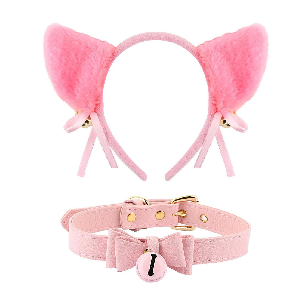 [Australia] - Pink Cat Ear Headband + Velvet Bell Choker Necklace Collar Necklace Lolita Necklace with Bell for Women Girls Cat Cosplay Fancy Dress Party Pink 