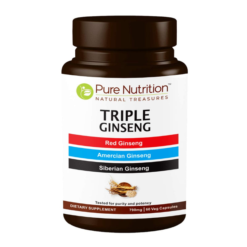 [Australia] - Pure Nutrition Triple Ginseng - an Unique and Effective Combination of Red Ginseng, American Ginseng and Siberian Ginseng. 790mg per Capsule | 60 Veg Caps Pack 60 Count (Pack of 1) 